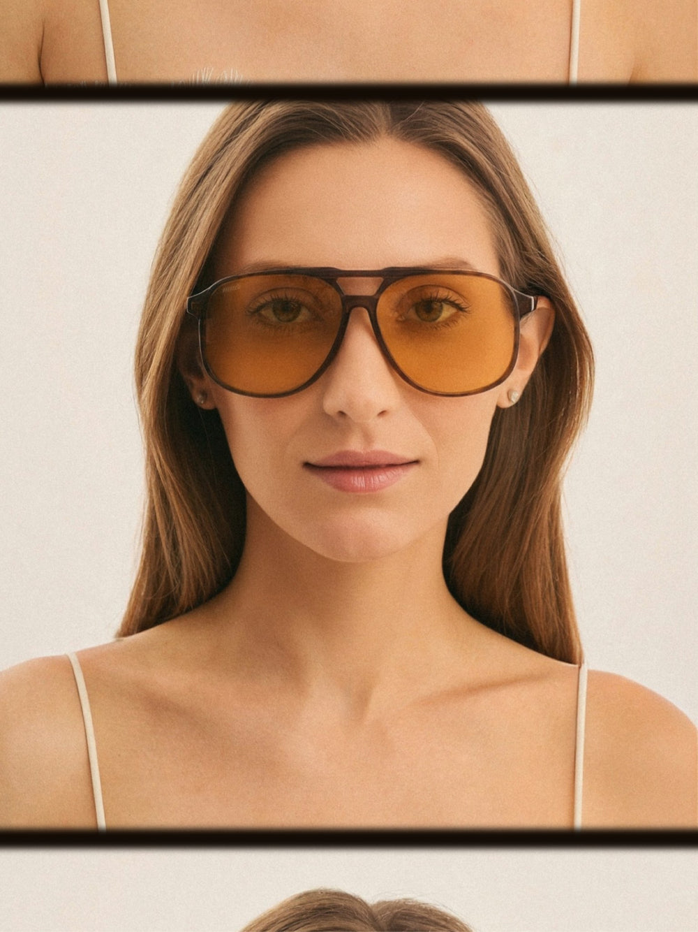 Model wearing Mawj aviator sunglasses in amber tortoise